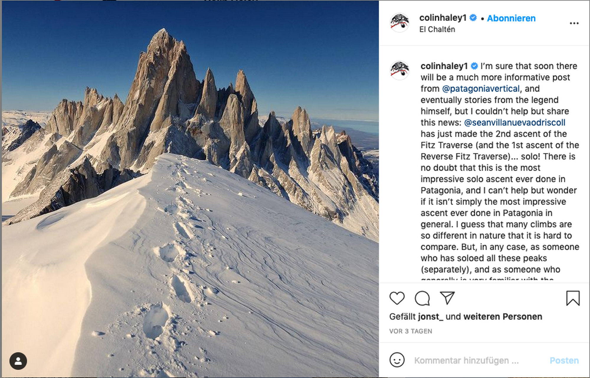 Sean Villanueva O'Driscoll gelingt erste Solobegehung der Fitz Roy Traverse