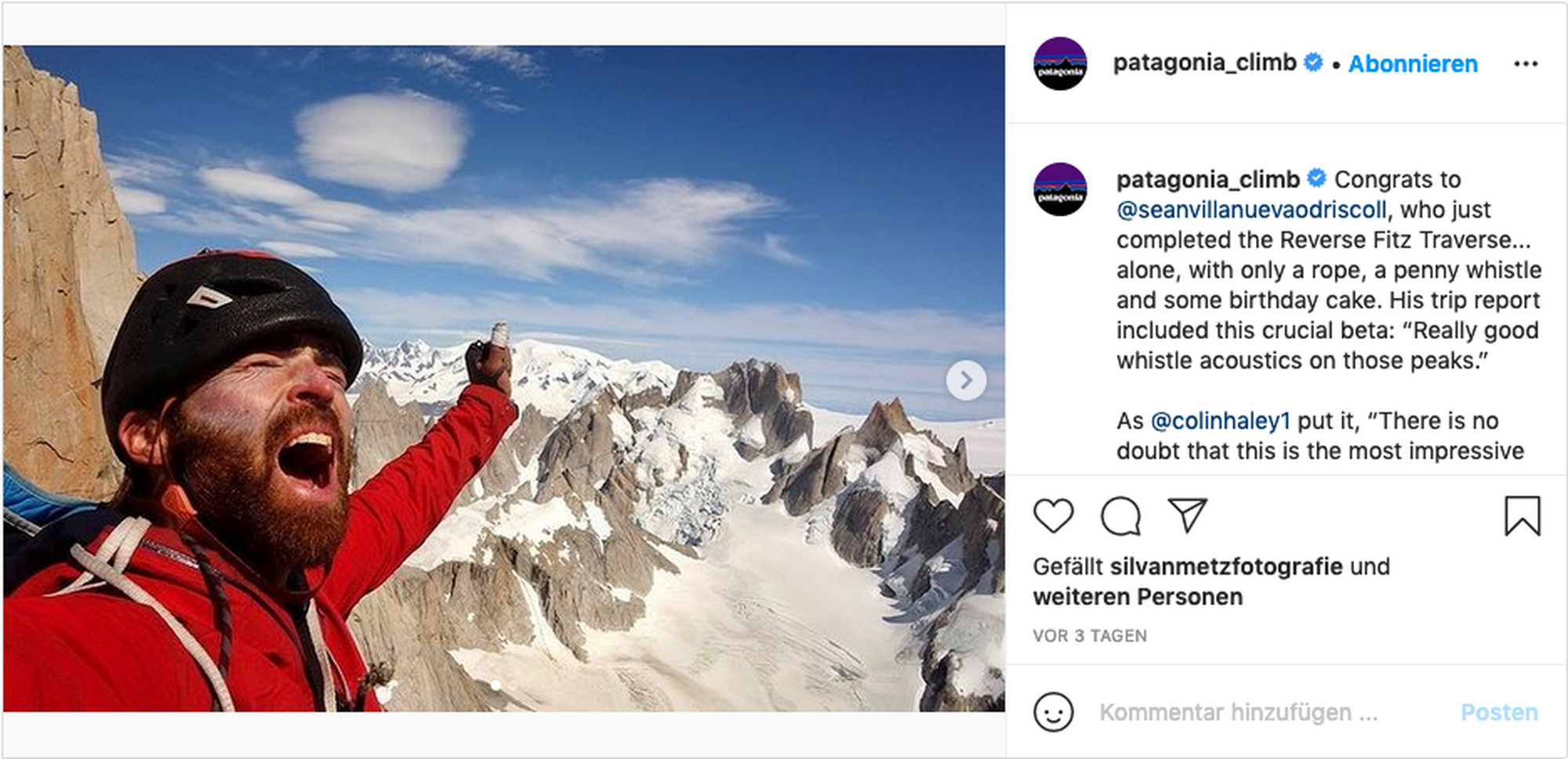 Sean Villanueva O'Driscoll gelingt erste Solobegehung der Fitz Roy Traverse Sean Villanueva O'Driscoll gelingt erste Solobegehung der Fitz Roy Traverse
